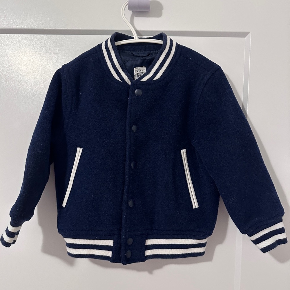 GAP Kids Wool Blend Varsity Bomber Jacket in Navy Blue W/ White Stripes Size 2T - Picture 2 of 9